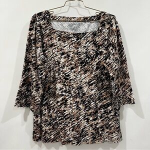 Chico's Animal Print Blouse Square Neck 100% Cotton Sz 4 Black/Brown 3/4 Sleeve